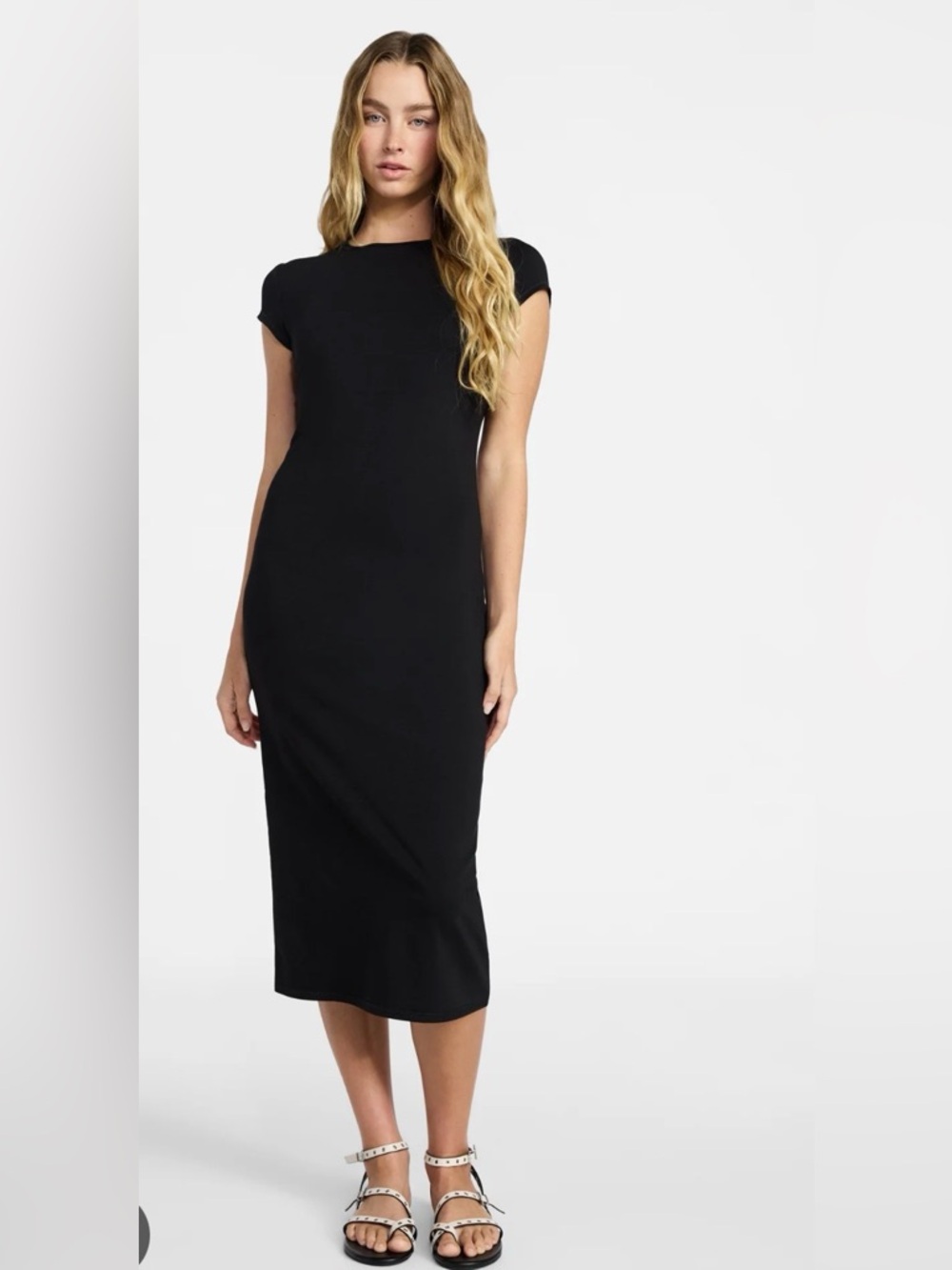 No Boundaries Black Ribbed Midi Dress Short Sleeve Bodycon Stretch Dress XS NWT